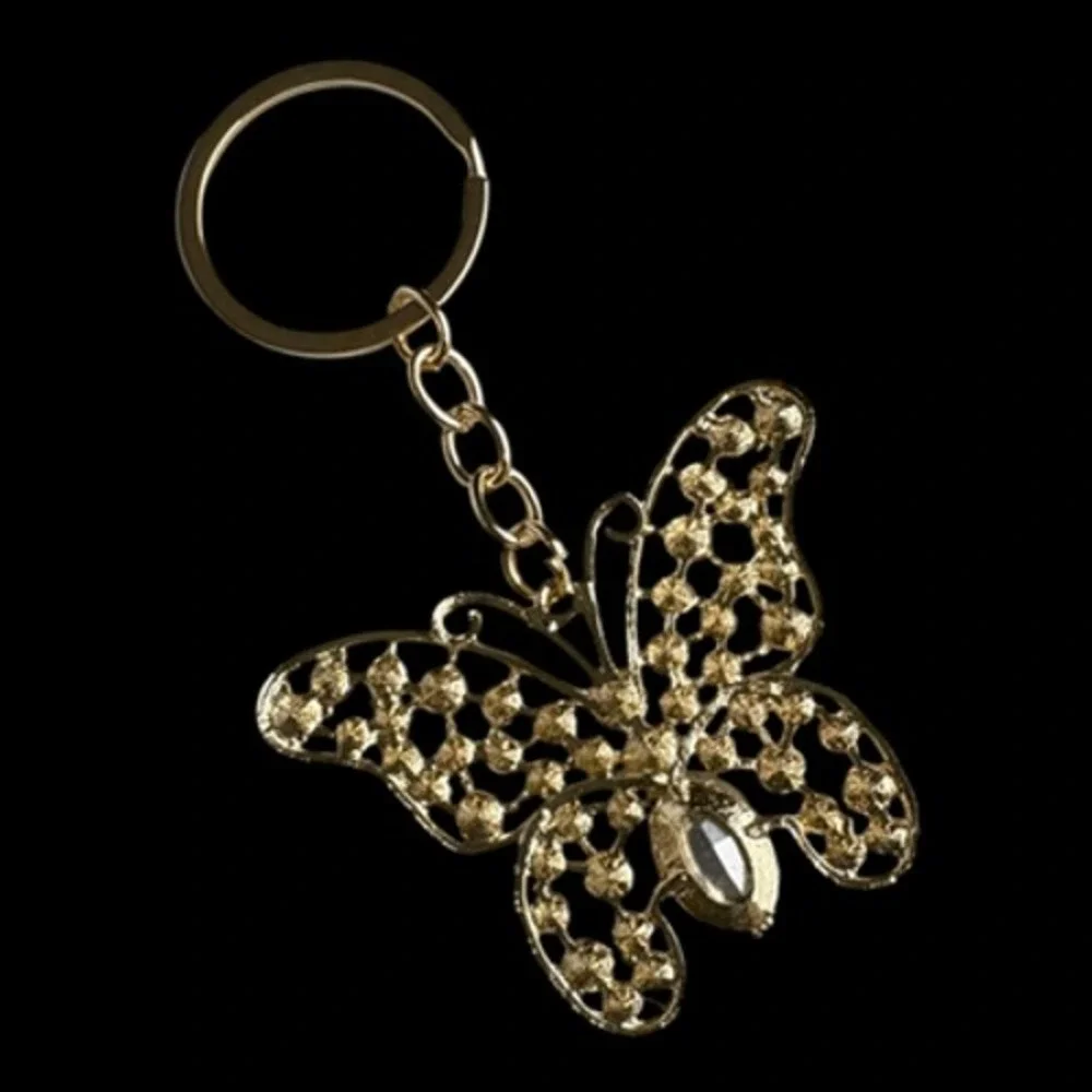 Women's Gold Tone Iridescent Butterfly Key Chain Rhinestone Crystal Bling Charm